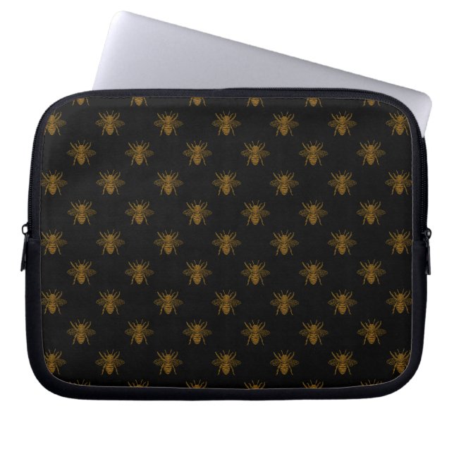 Gold Metallic Foil Bees on Black Laptop Sleeve (Front)