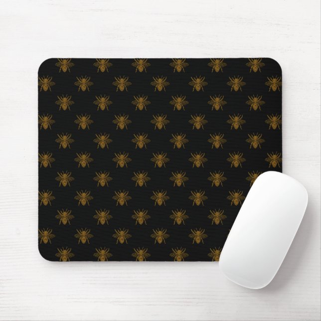 Gold Metallic Foil Bees on Black Mouse Pad (With Mouse)