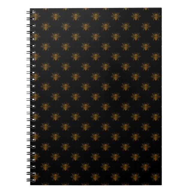 Gold Metallic Foil Bees on Black Notebook (Front)