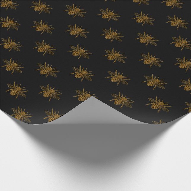 Gold Metallic Foil Bees on Black Wrapping Paper (Corner)