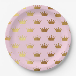 Gold Metallic Foil Crown Crowns Pink Royal Modern Paper Plate