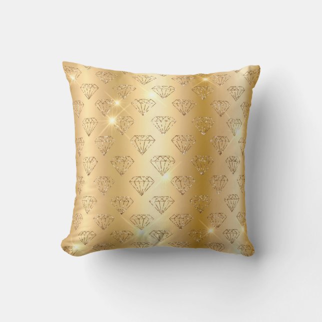 Gold Metallic Foil & Faux Glitter Glam Diamonds Cushion (Front)