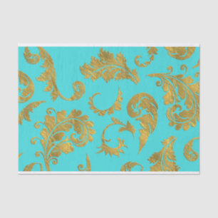 Gold Metallic Foil Flower Floral Teal Aqua Modern Tissue Paper