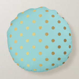 Gold Metallic Foil Polka Dots Teal Aqua Modern Round Cushion