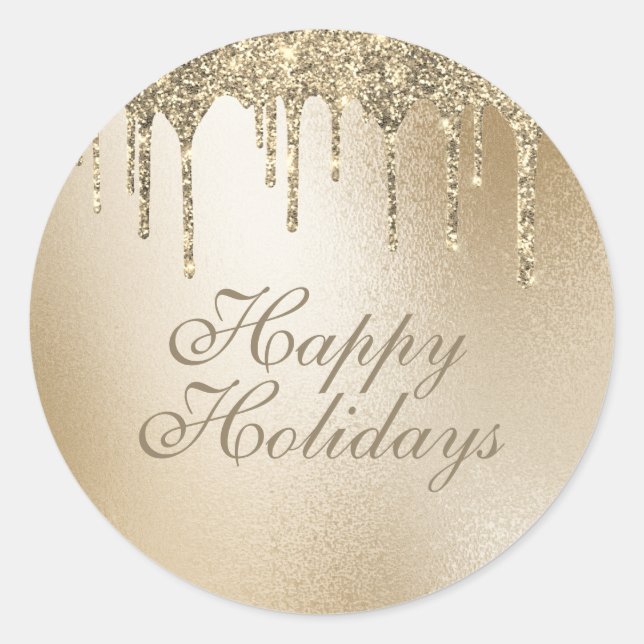Gold Metallic Glitter Drip Elegant Happy Holidays Classic Round Sticker (Front)