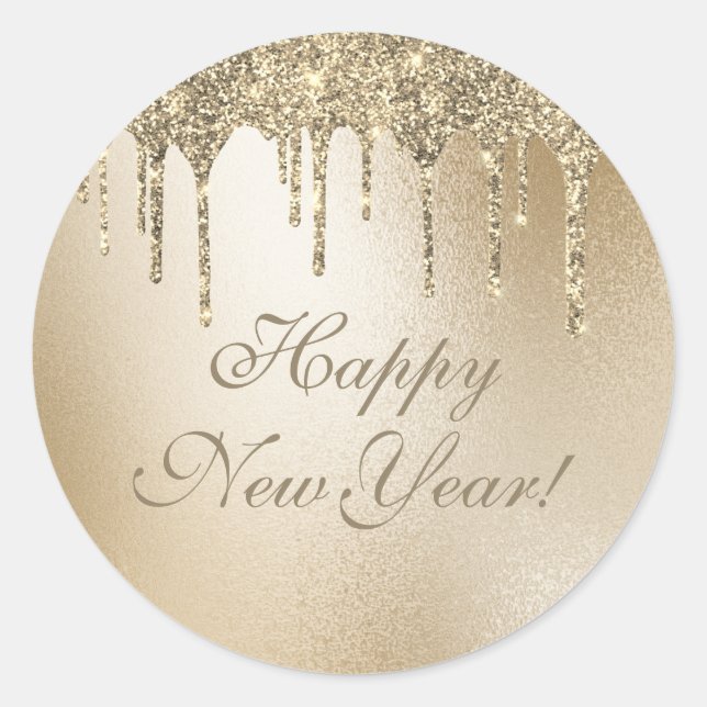 Gold Metallic Glitter Drip Elegant Happy New Year  Classic Round Sticker (Front)