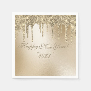 Gold Metallic Glitter Drip Elegant Happy New Year Napkin