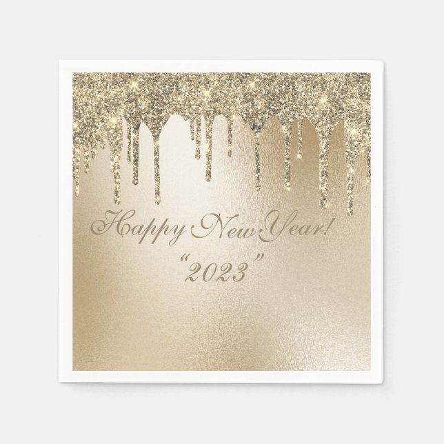 Gold Metallic Glitter Drip Elegant Happy New Year Napkin (Front)