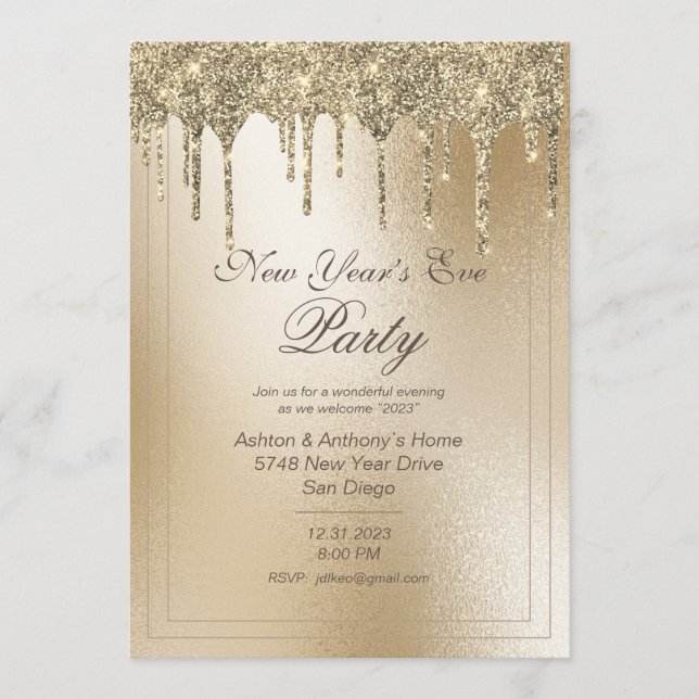Gold Metallic Glitter Drip Elegant New Year’s Eve  Holiday Card (Front)