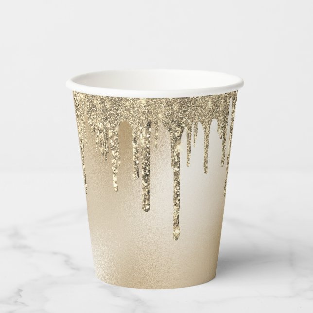 Gold Metallic Glitter Drip Elegant  Paper Cups (Front)