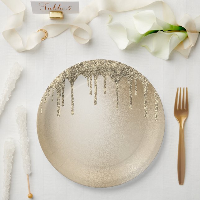 Gold Metallic Glitter Drip Elegant  Paper Plate (Wedding)