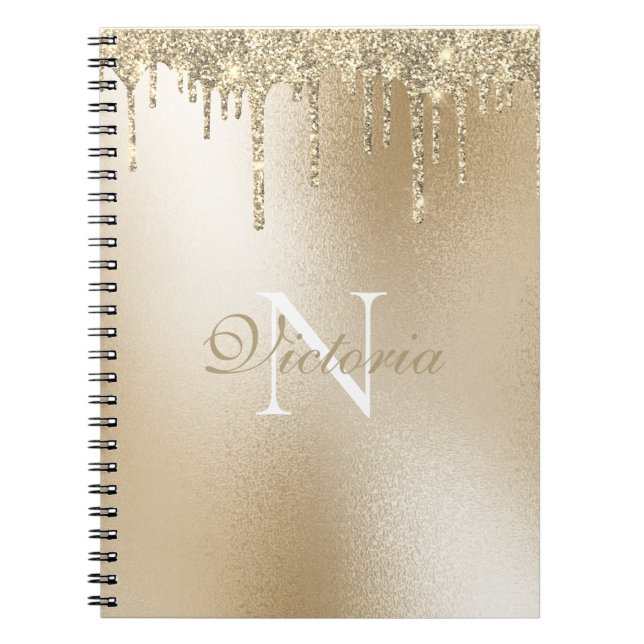 Gold Metallic Glitter Drip Monogram Elegant Notebook (Front)