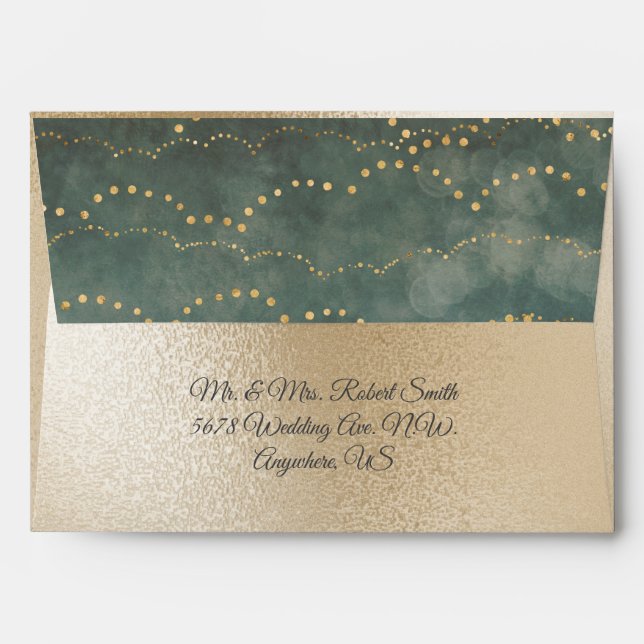Gold Metallic Green Fairy Lights Wedding Envelope (Back (Top Flap))