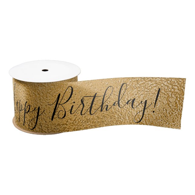 Gold Metallic Happy Birthday Script Modern Satin R Ribbon (Spool)