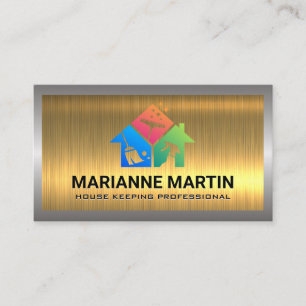 Gold Metallic   House Cleaning Icons Business Card