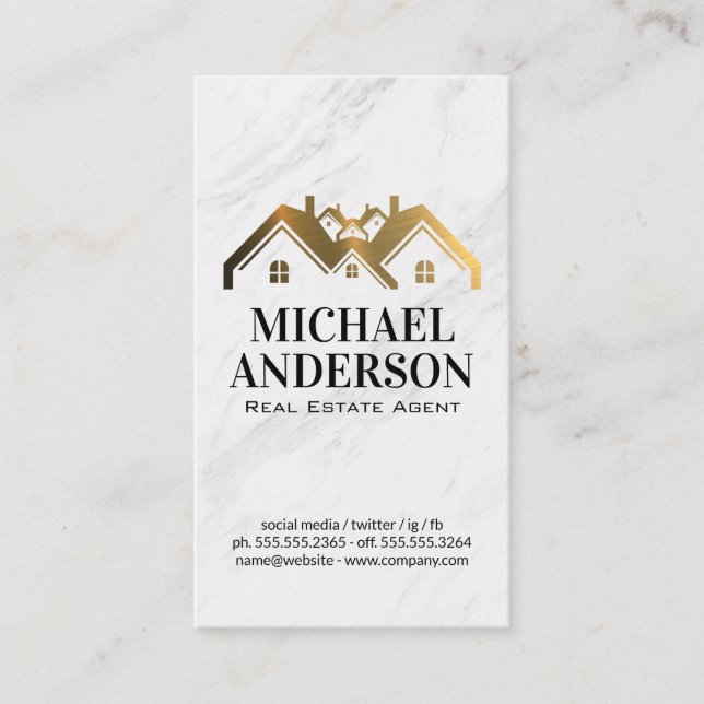 Gold Metallic House Logo | Marble Business Card (Front)