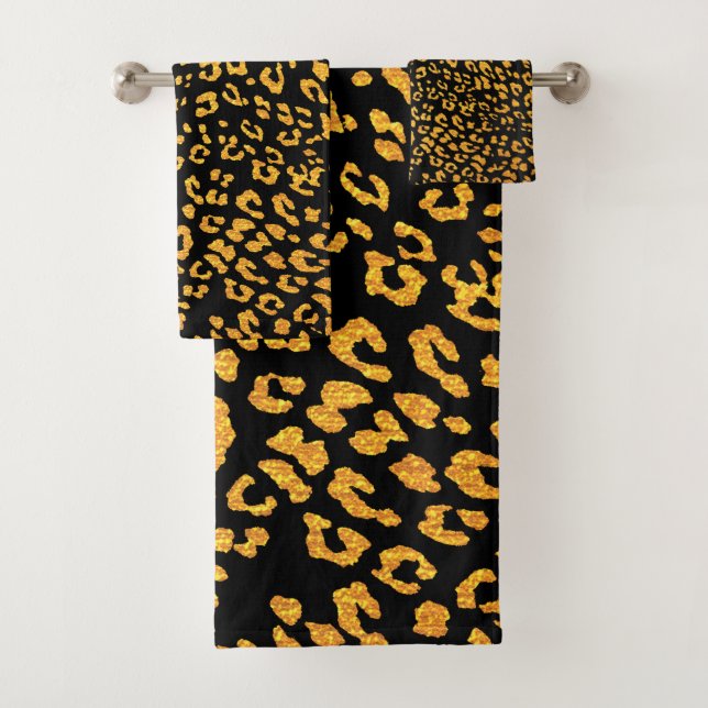 Gold Metallic Leopard Pattern on Black Bath Towel Set (Insitu)