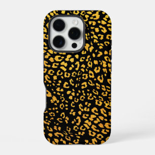 Gold Metallic Leopard Pattern on Black iPhone 16 Pro Case