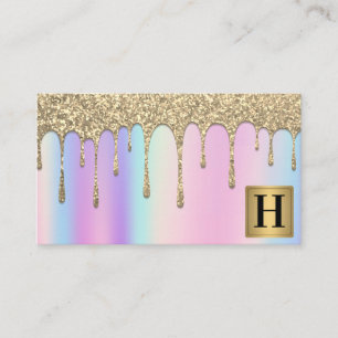 Gold Metallic Monogram   Glitter Drip   Iridescent Business Card