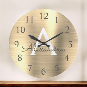 Gold Metallic Monogram Name & Initial Large Clock