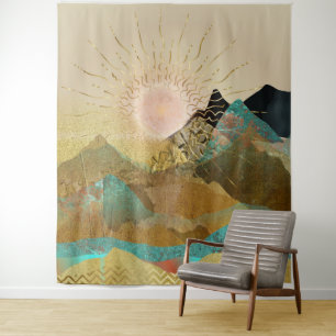 Gold Metallic Mountain Vista Landscape Tapestry