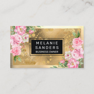 Gold Metallic   Pink Flowers Business Card