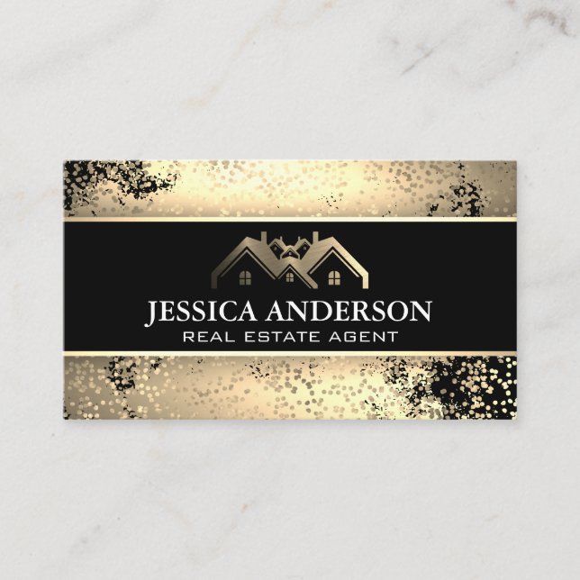 Gold Metallic Property Logo | Golden Brush Specks Business Card (Front)