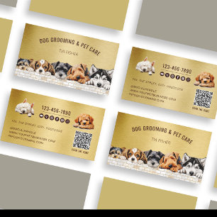 Gold Metallic QR Code Social Media Dog Grooming  Business Card