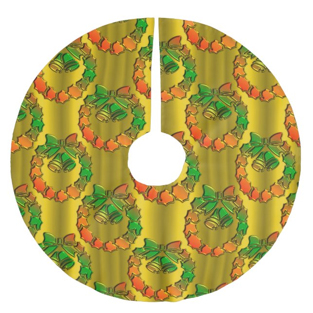 Gold Metallic Red and Green Christmas Brushed Polyester Tree Skirt (Front)
