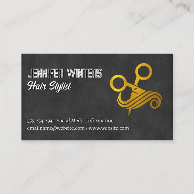 Gold Metallic Scissors and Hair Logo Business Card (Front)