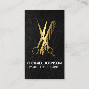 Gold Metallic Scissors Comb Leather Texture Business Card