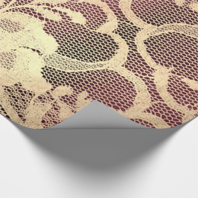Gold Metallic Sepia Luxury Floral Lace Burgundy Wrapping Paper (Corner)
