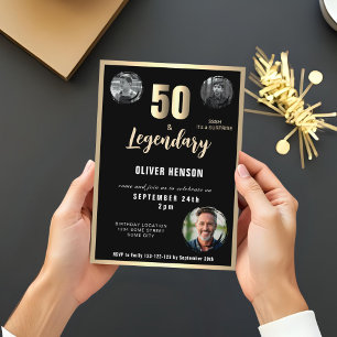 Gold Metallic Surprise 3 Photo 50th Birthday Invitation