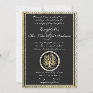 Gold Metallic Swirl Tree Gold Border Wedding Invitation