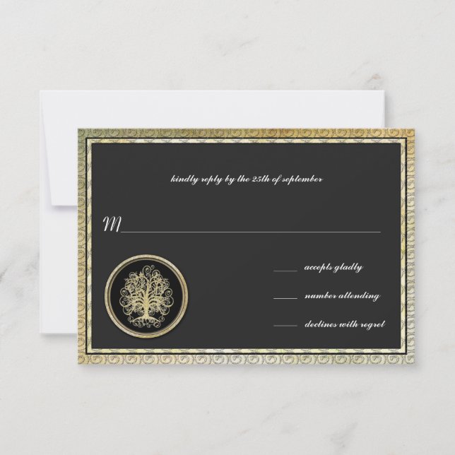Gold Metallic Swirl Tree Gold Border Wedding RSVP (Front)