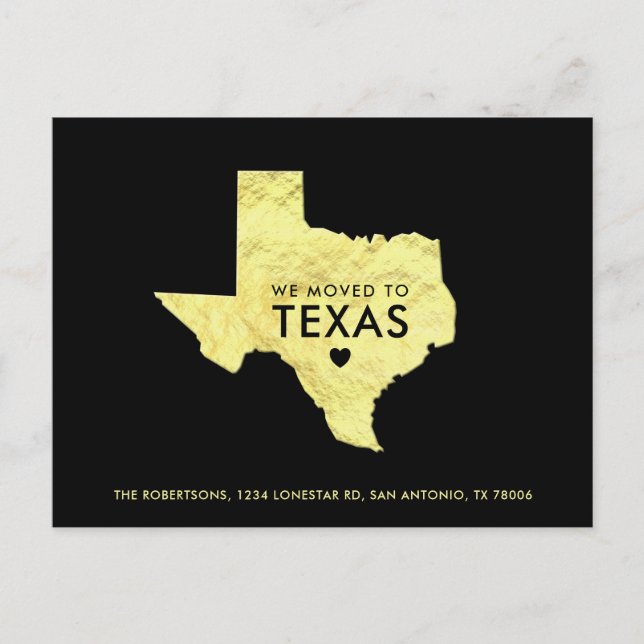  Gold Metallic Texas Map Black New Address Announcement Postcard (Front)