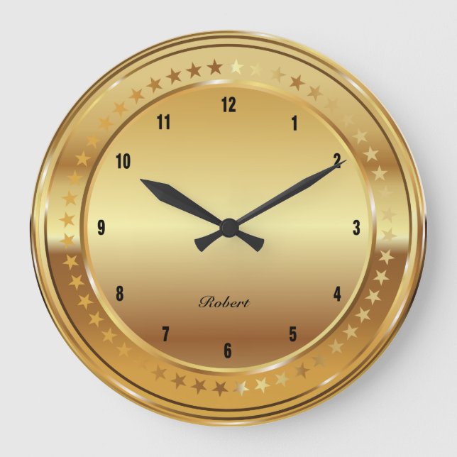 Gold metallic texture circle and stars large clock (Front)