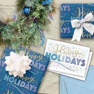 Gold Metallic Typography Blue Holiday Wrapping Paper Sheet