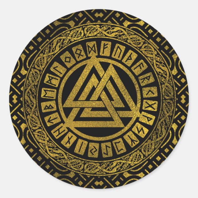 Gold  Metallic Valknut Symbol Classic Round Sticker (Front)