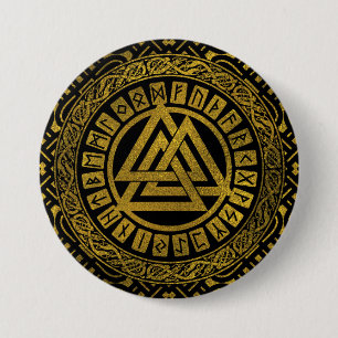 Gold  Metallic Valknut Symbol on Celtic Pattern 7.5 Cm Round Badge