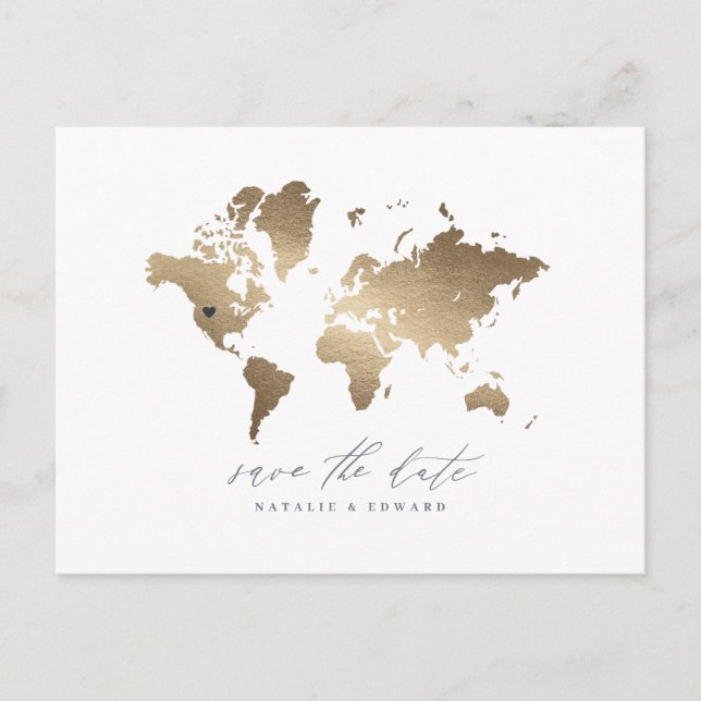 Gold metallic world map wedding announcement (Front)