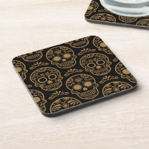 Gold Mexican Day Calavera Floral Skull Folk Coaster