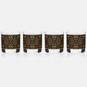 Gold Mexican Day Calavera Floral Skull Folk Whiskey Glass