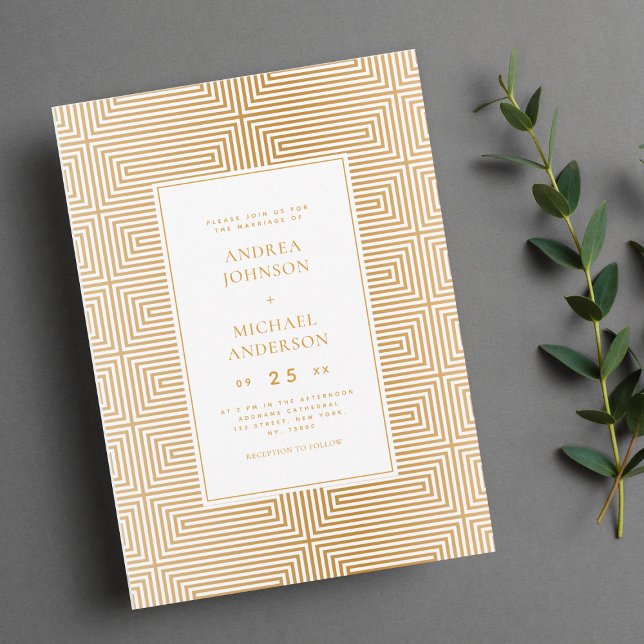 Gold Mid Century Mod Geometric Elegant Wedding Invitation (Creator Uploaded)