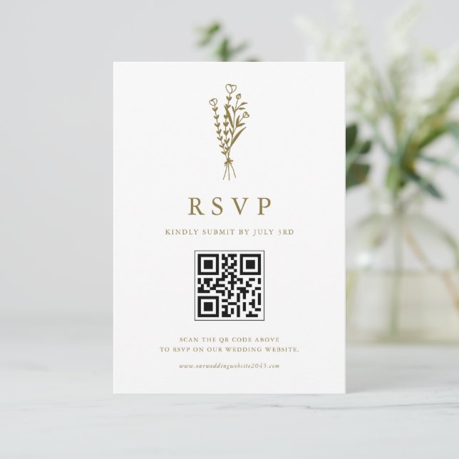 Gold Minimailist Botanicals QR Code Wedding RSVP Card (Standing Front)