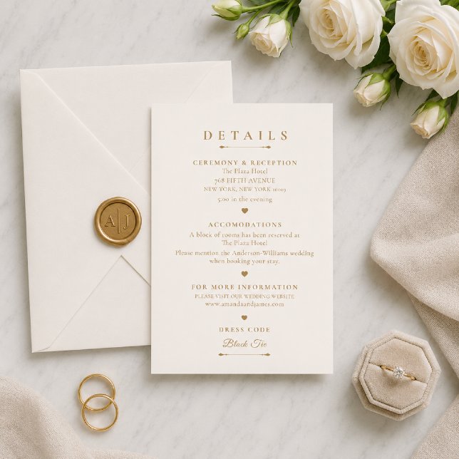Gold Minimal Look Wedding Details Card (Gold Minimal Wedding Details Card on elegant marble flat lay.)
