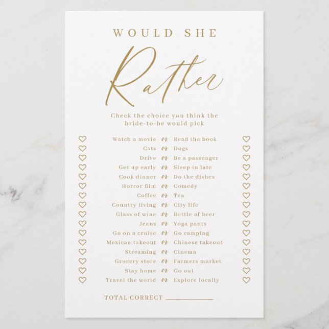 Gold minimal would she rather bridal shower game (Front)