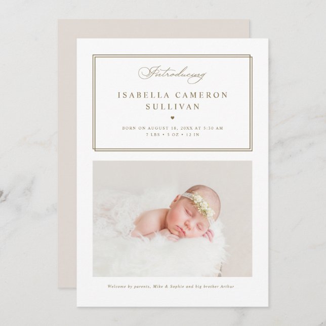Gold Minimalist Borders Script Photo Baby Birth Announcement (Front/Back)