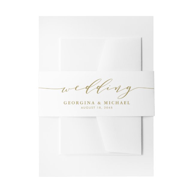 Gold Minimalist Dainty Script Wedding Invitation Belly Band (Front Example)