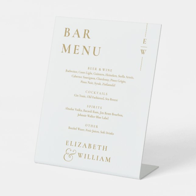 Gold Minimalist Elegant Monogram Bar Menu Pedestal Sign (Front)